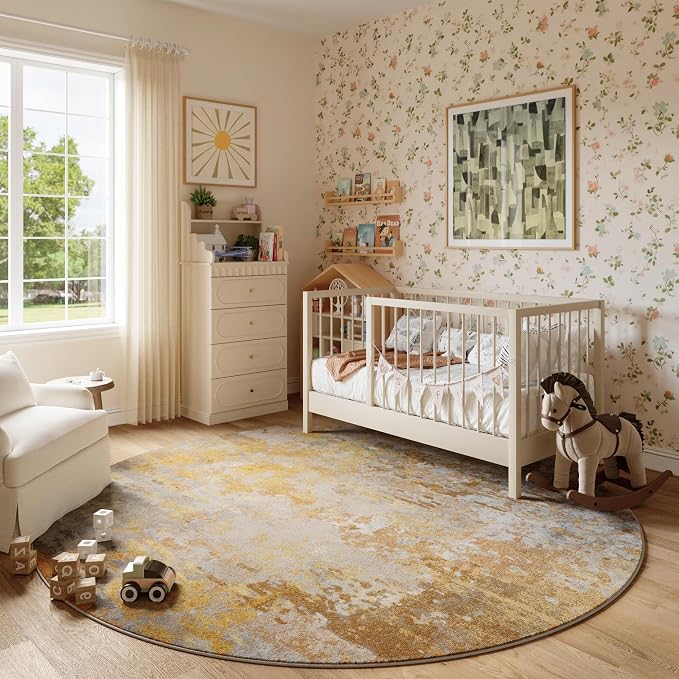 Beige Gold Round Area Rugs 4ft Washable Circle Rug