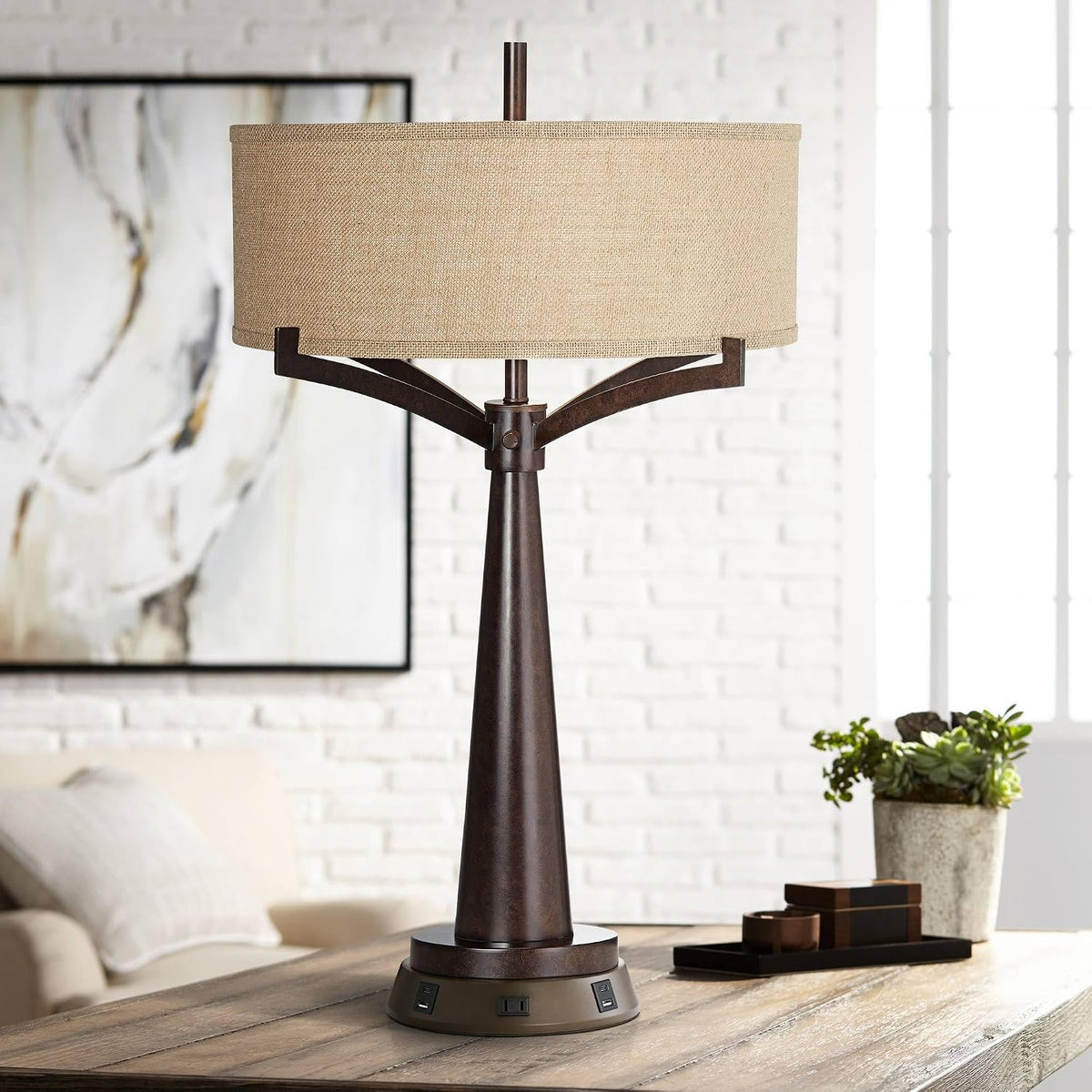 Franklin Iron Works Tremont Rustic Farmhouse Table Lamp 31 1/2" Tall with USB and AC Power Outlets in Base Bronze Iron Burlap Drum Shade for Bedroom Living Room House Bedside Nightstand Home Office