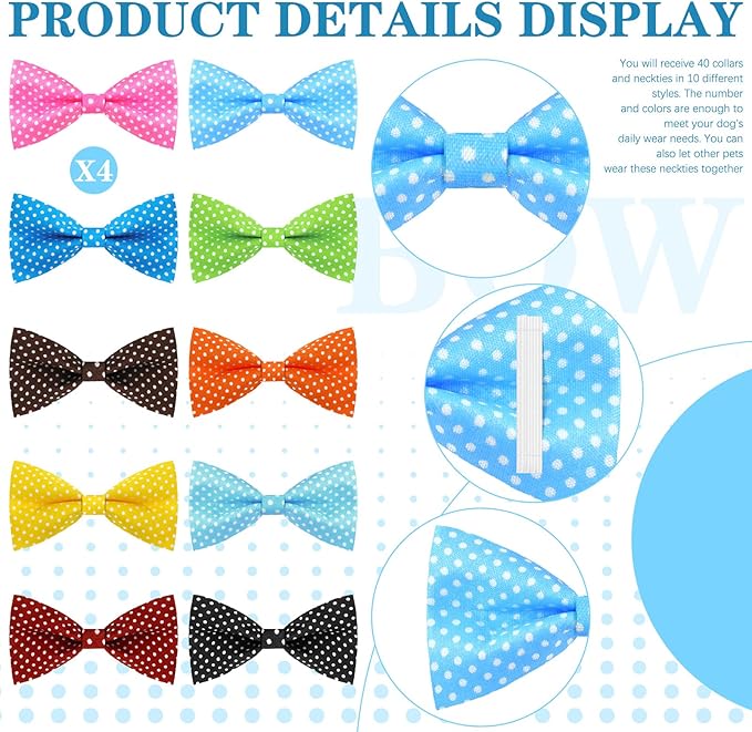 Jutom 40 Pcs Spring Dog Bow Ties Dots Collar Bow Ties Puppy Neckties Bulk Elastic Bands Adjustable Pet Dog Grooming Accessories for Small Medium Large Pet Birthday Wedding Parties