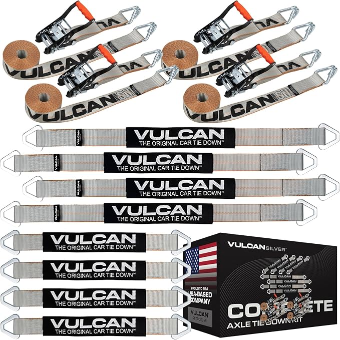 VULCAN Complete Axle Strap Tie Down Kit with Wire J-Hook Ratchet Straps - Silver Series Webbing - Includes (4) 22 and (4) 36 Inch Axle Tie Downs, and (4) 8' Wire Hook Straps
