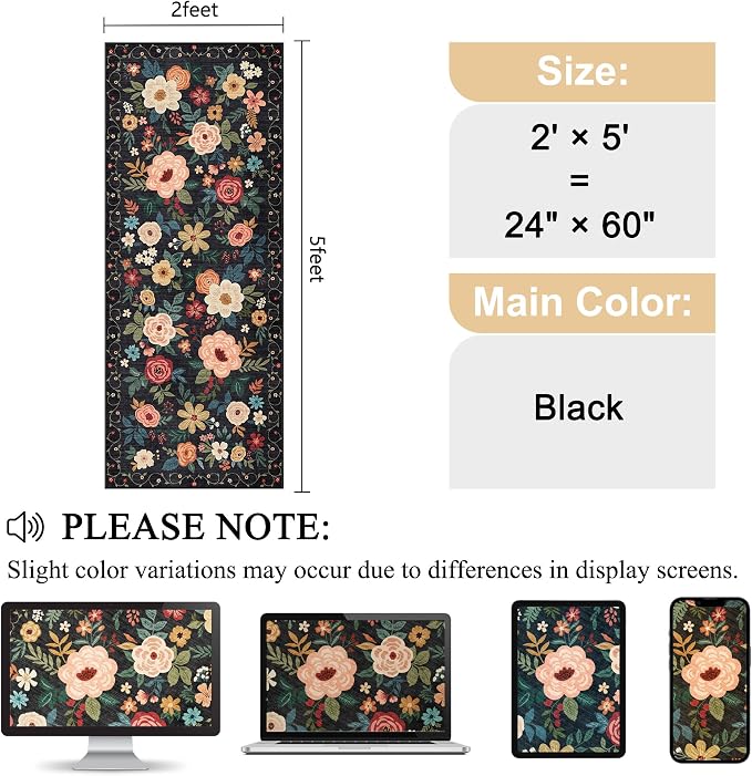 DUKINO 2x5 Runner Rug for Hallway, Washable Kitchen Floral Runner Rug