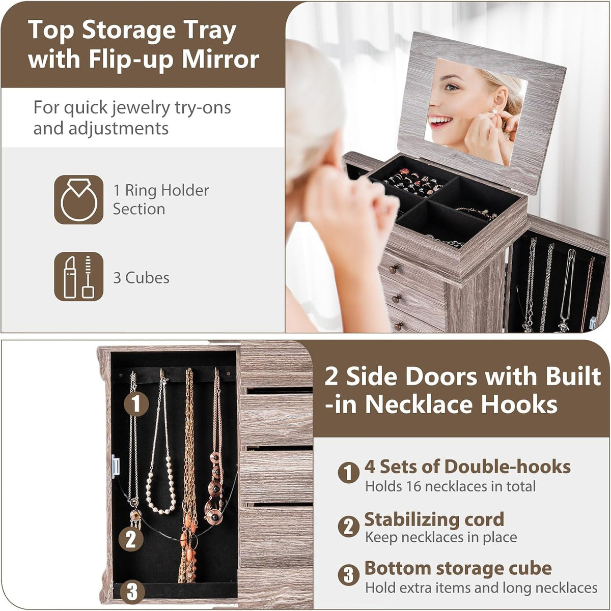 GIANTEX Standing Jewelry Cabinet, Flip Top Mirror, 5 Drawers & Swing Doors