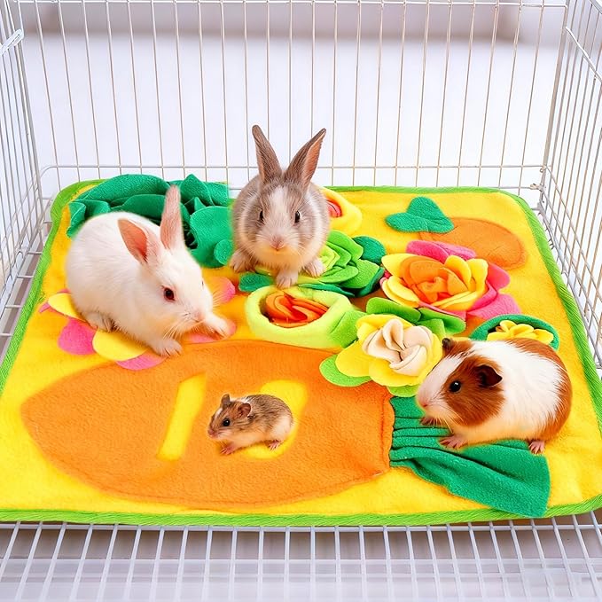 Rabbit Foraging Mat,Snuffle Mat for Small Animals Bunny Puzzle Toys Pets Interactive Feeding Mat for Guinea Pigs Hedgehog Chinchilla Puppies (Yellow, M)