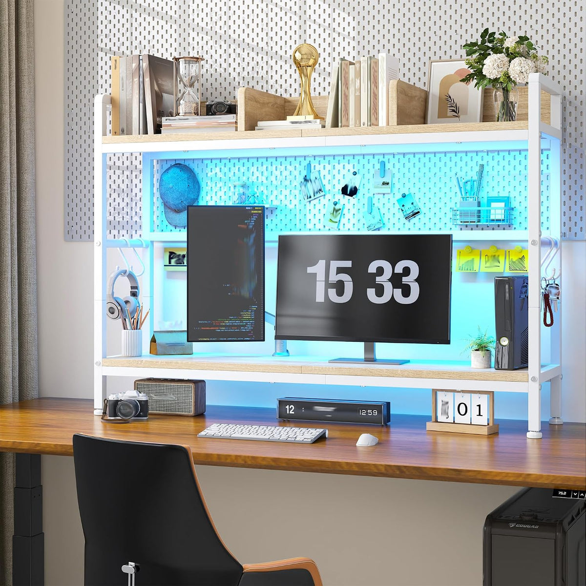 REIBII 2-Tier Desk Shelf, LED, Bedroom and Home Office, White