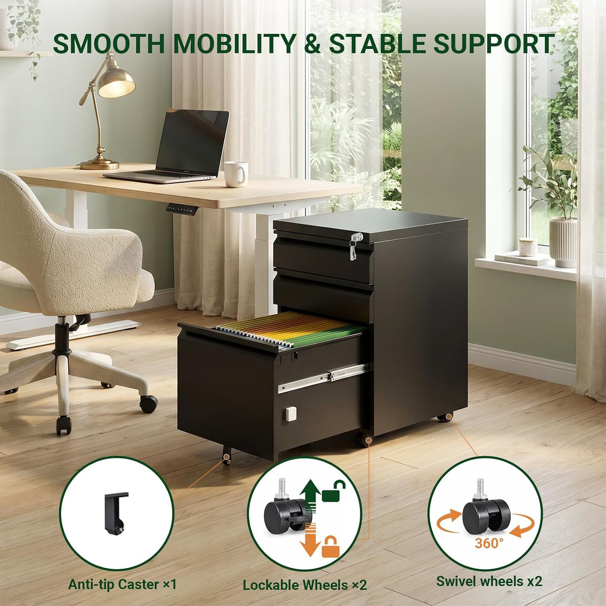 3 Drawer Metal File Cabinet with Lock & Rolling Casters