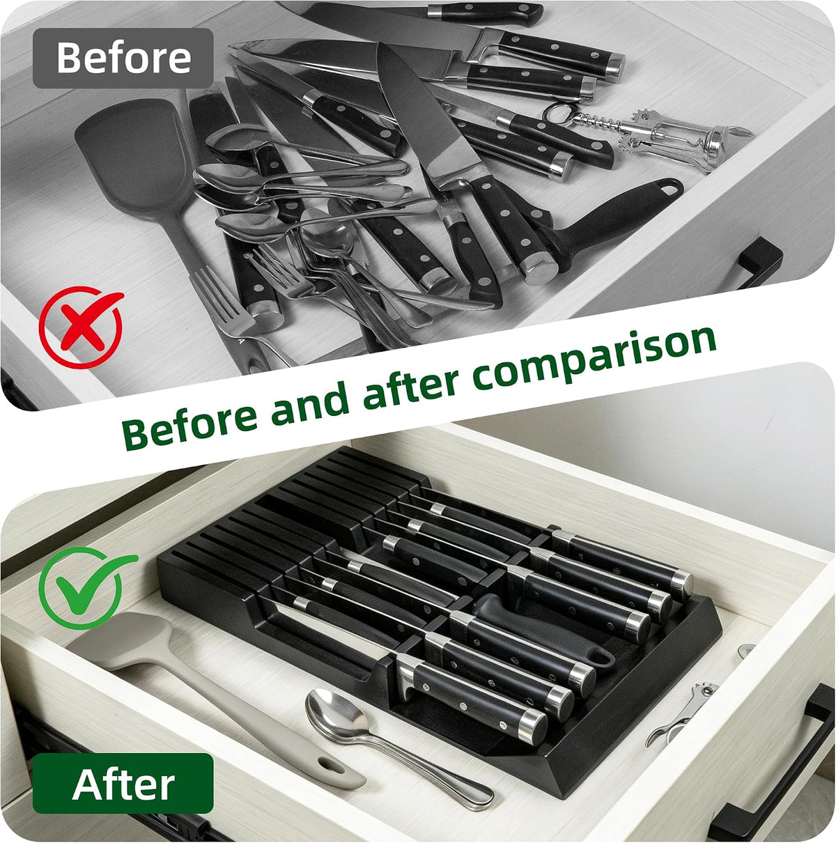 Utoplike Bamboo Knife Drawer Organizer, In-drawer Knives Block for Kitchen