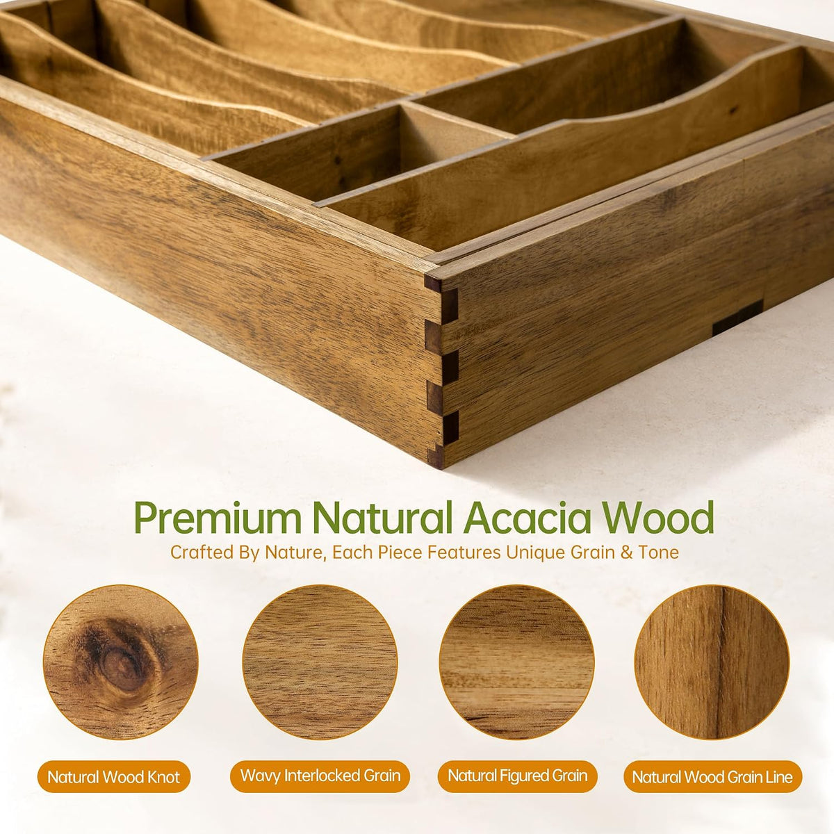 Acacia Expandable Silverware Drawer Organizer, Removable Knife Block