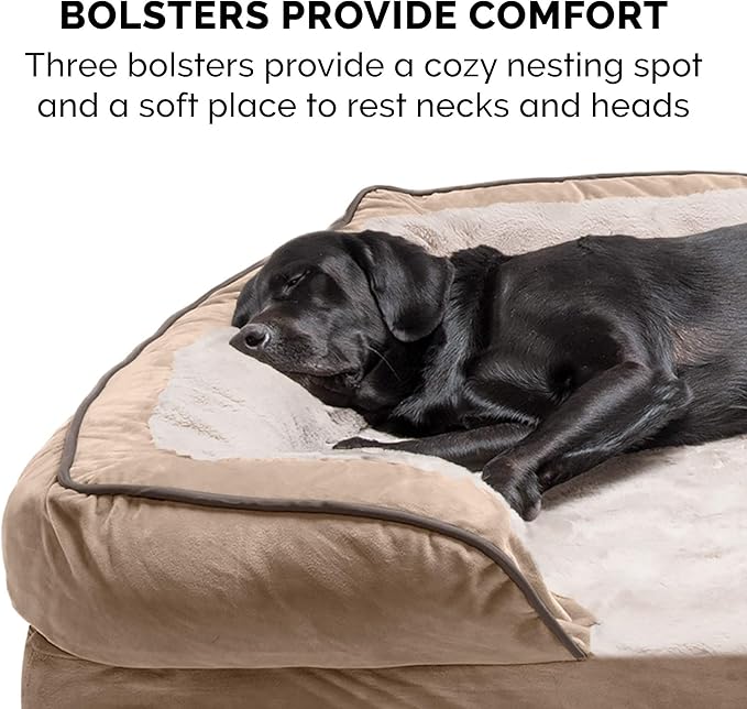 Furhaven Orthopedic Dog Bed for Large Dogs w/ Removable Bolsters & Washable Cover, For Dogs Up to 125 lbs - Plush & Velvet Waves Perfect Comfort Sofa - Brownstone, Jumbo Plus/XXL