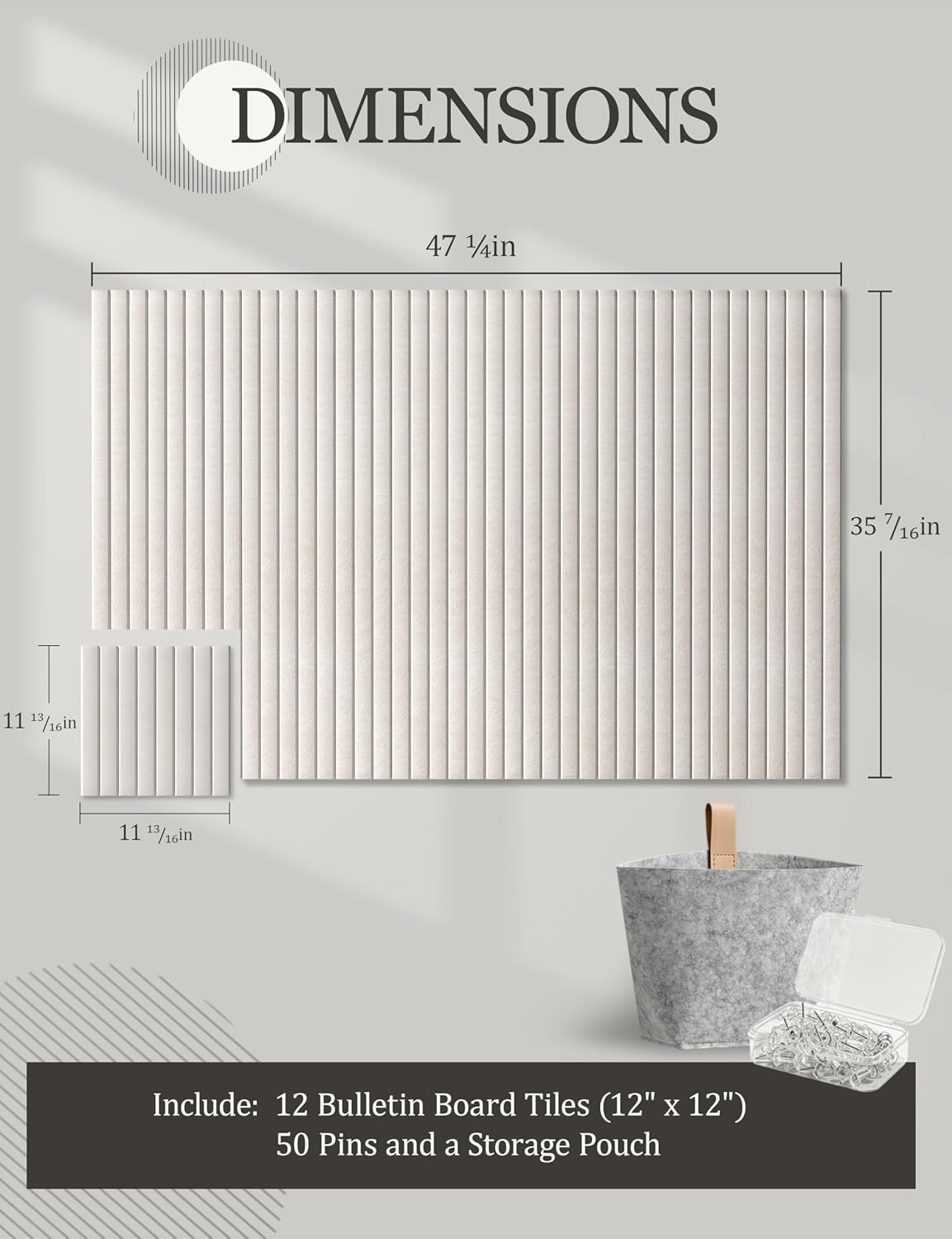 Felt Bulletin Board Tiles 48" x 36", Large Pin Board Wall Organizer Alternative, Self Adhesive Felt Wall Panels with 50 Push Pins & Storage Pouch for Office, Bedroom and Study Room, Oatmeal