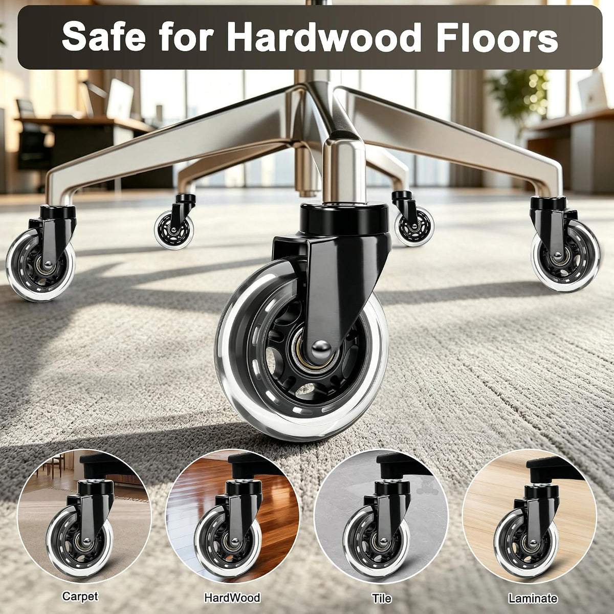 Rubber Caster Wheels Set of 5 – Replacement for Office Chairs
