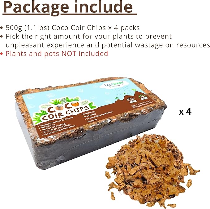 LaLaGreen Coconut Coir Chips for Plants (500g, 4 Pack) Indoor Herb Garden Seedling and Plant, Outdoor Planting Soil Vegetable Flower Orchids, Organic Compressed Coco Fiber Husk Chips Brick Peat Moss
