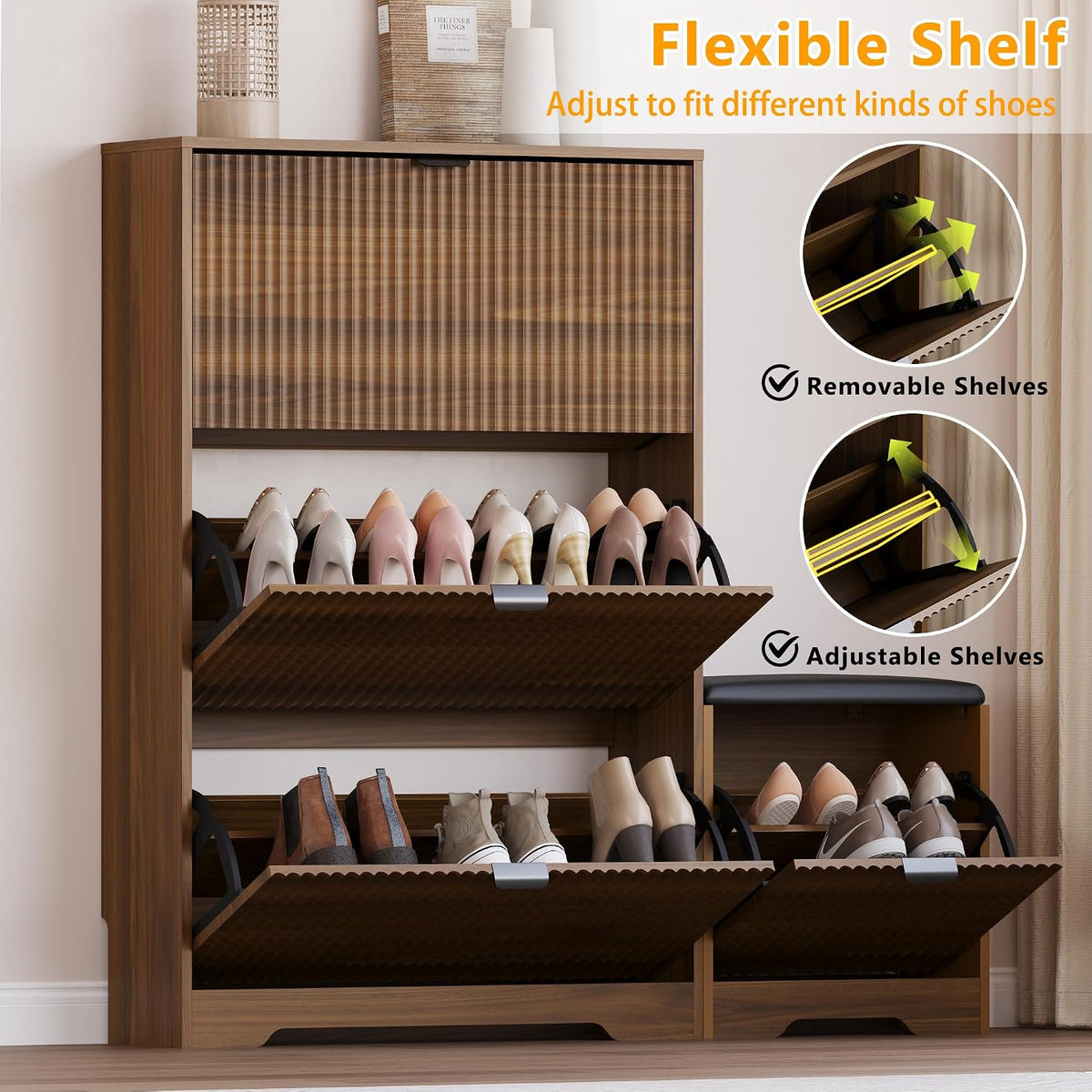 BORNOON Slim Shoe Cabinet with Bench for Entryway, Hidden Storage and Adjustable Shelves, Free Standing Wooden Shoes Organizer for Hallway, Foyer