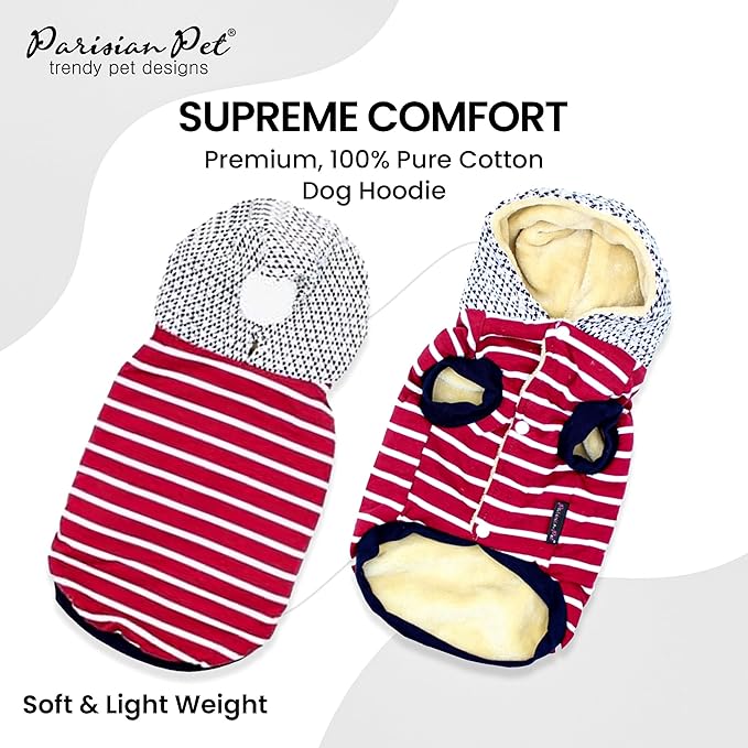 Parisian Pet Basic Hoodie - Lightweight Red Striped Pom Pom Sweatshirt for Dogs - Pullover With Leash Hole and Pockets - Clothes for Large Dogs - XL