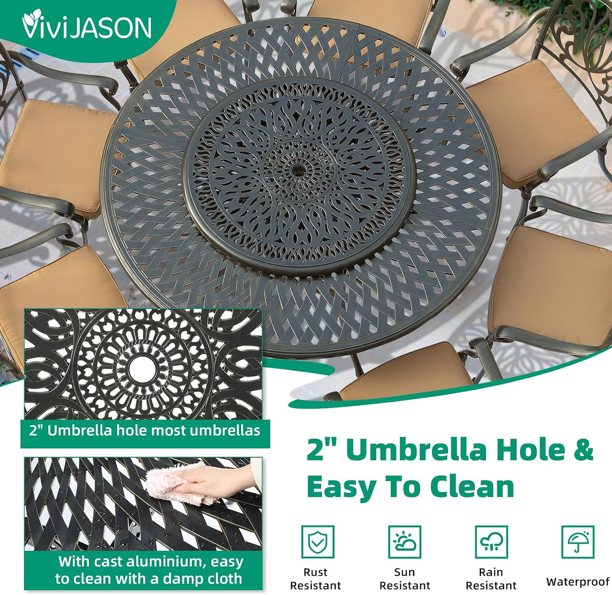 VIVIJASON 35.4" Cast Aluminum Lazy Susan Turntable, 360° Large Rotating Display Tray with Silent Bearings, Round Table Top Swivel Serving Plate with 2" Umbrella Hole for Outdoor Dining Table