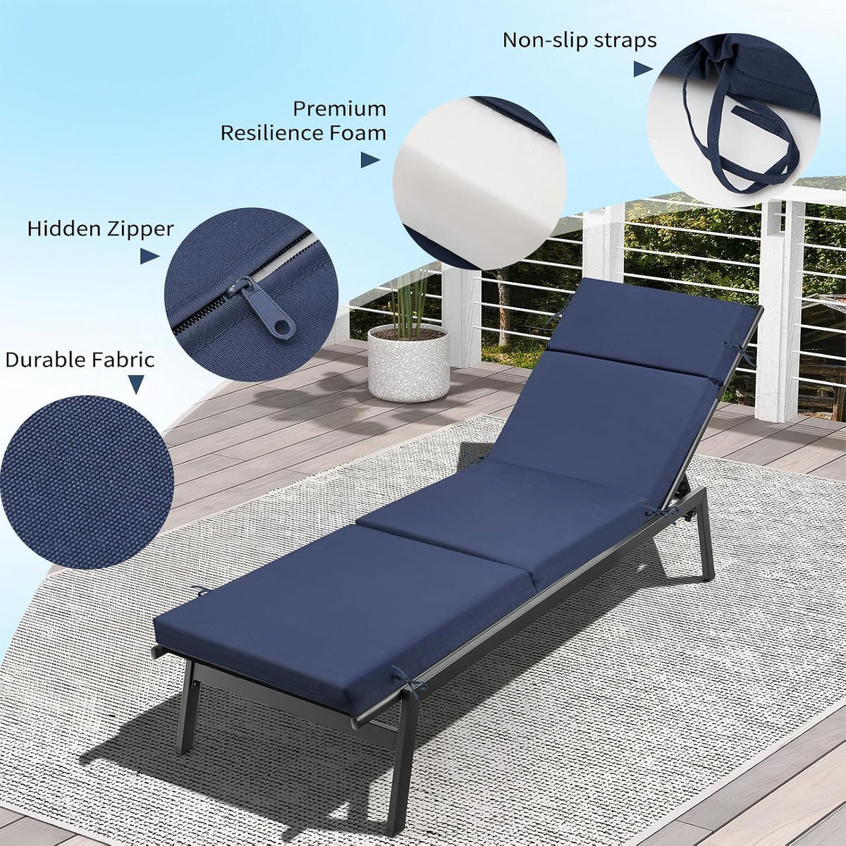 2 Pack Blue Outdoor Chaise Lounge Cushions, 72x21x3 in