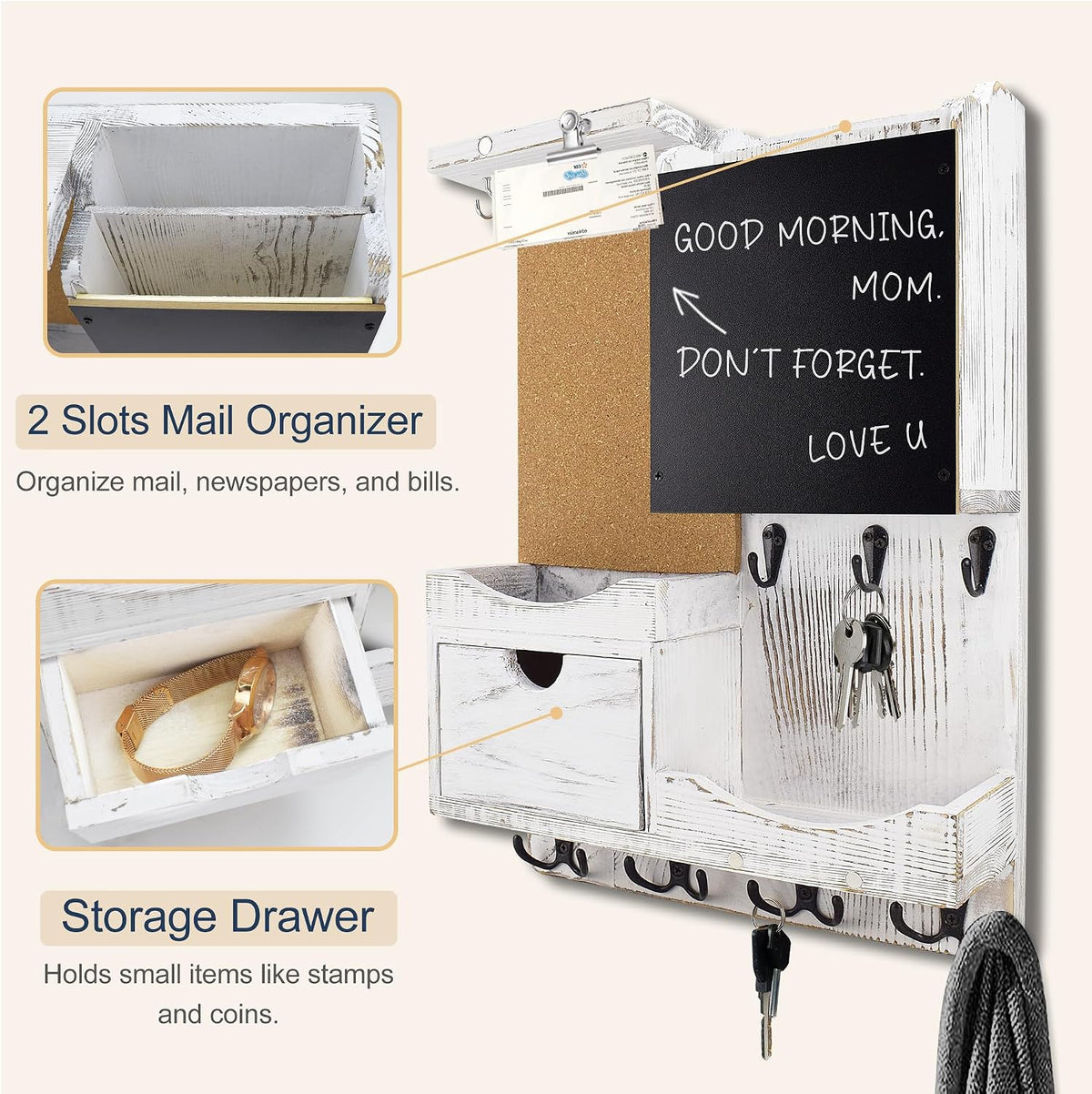 Key Holder Wall Mount with Drawer and Mail Organizer, Whitewashed