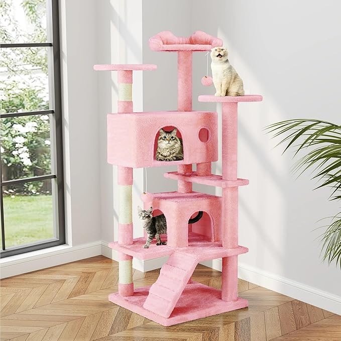 54 Inches Cat Tree Tower Condo Furniture, Cat Tower with Scratching Post, Multi-Level Climbing Tree Cat House Padded Plush Perch, Kittens Pet Play House, Light Gray