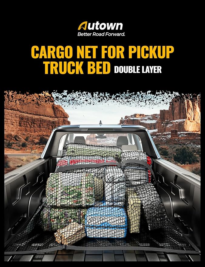 Cargo Net for Pickup Truck Bed - Stretchable 4'x4' to 7'x7', High Elastic Fine Mesh 1''x1'' with 8 Metal Carabiners - Ideal for ATV, SUV, UTV, Truck and Boat Use (Double Layer)