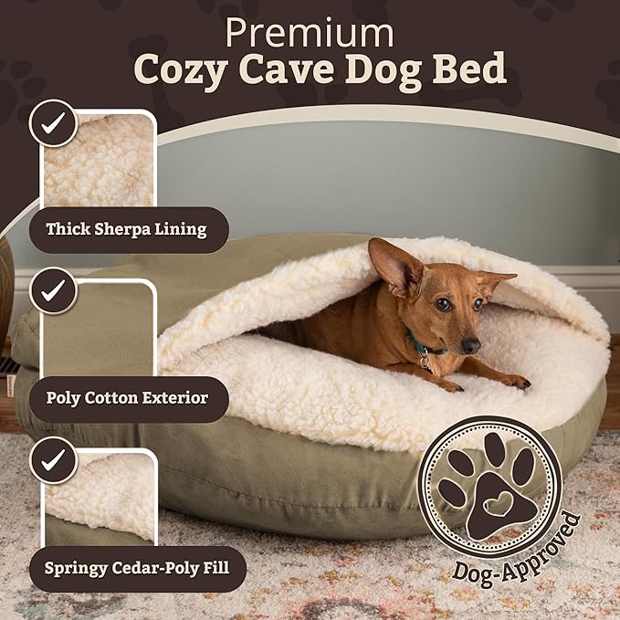 Snoozer Cozy Cave Dog Bed - Indoor Dog Bed with Cover Cave, Covered Calming Burrow for Medium & Large Sized Pets with Blanket Attached, Enclosed, Removable Washable Cover - XL, Khaki