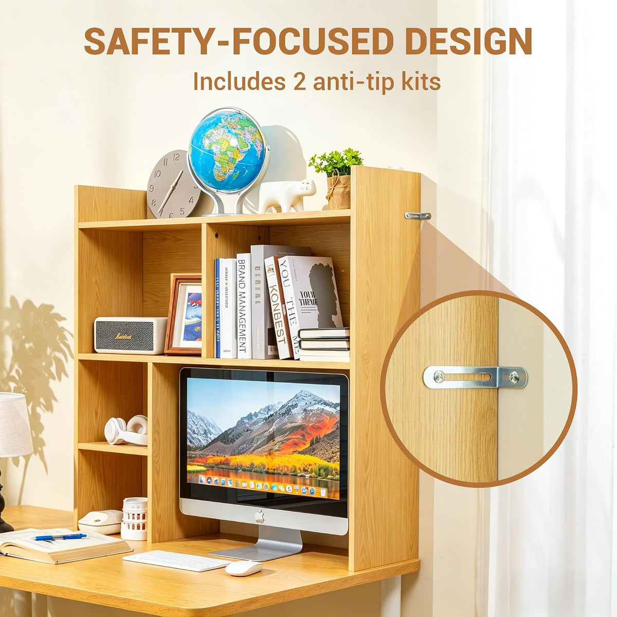 deli Desktop Shelf, Desk Hutch with 5 Shelves for Computer Desk, Natural