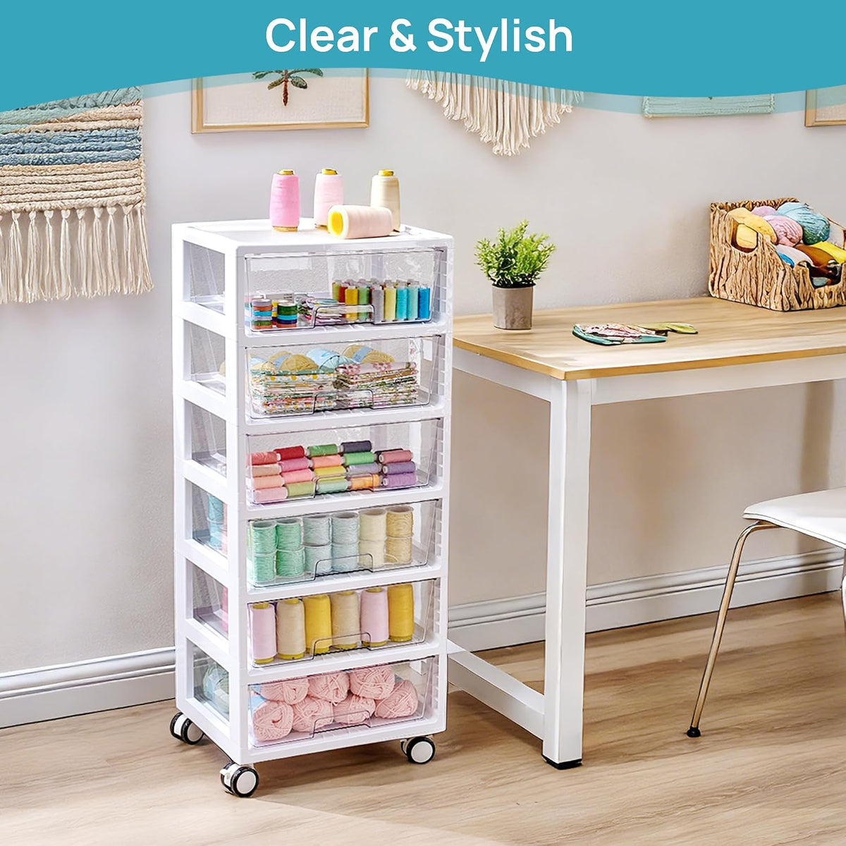 Vtopmart Rolling Drawer Cart, 6 Tier, Clear, Deep Drawers