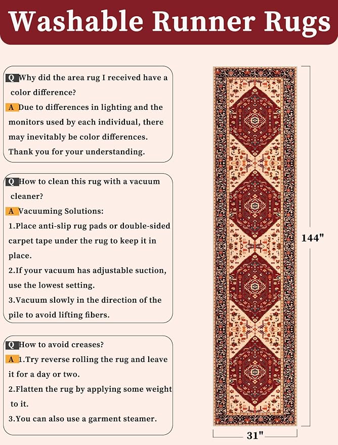 SERISSA Runner Rug for Hallways, Extra Long Boho Rug Ultra Soft Vintage Red