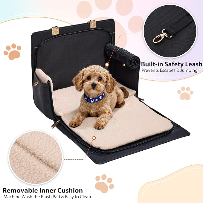 Dog Purse Carrier for Small Dogs, Stylish Foldable Pet Carrier Purse Tote Bag with Washable Cushion & Safety Leash, Airline Approved Puppy Travel Bag with Pockets (Black)