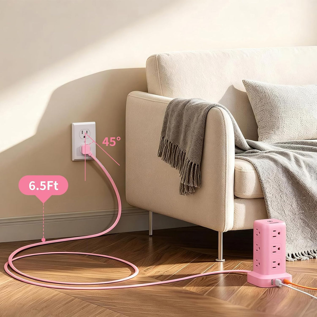 Extension Cord with Multiple Outlets, SMALLRT Outlet Extender with 12 AC Outlets 4 USB, 6.5FT Power Strip Tower for Home Office Supplies, Pink