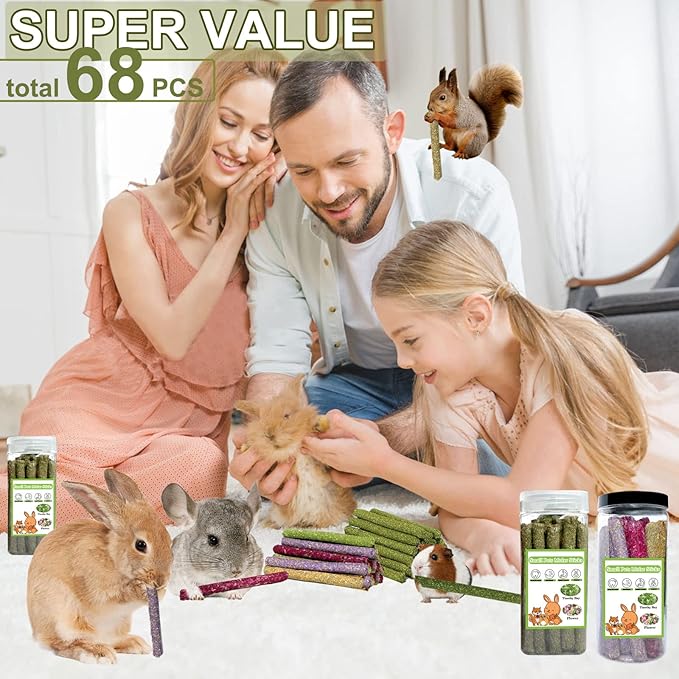 68PCS Rabbit Chew Toys, Natural Timothy Hay Sticks Guinea Pig Chews for Teeth Hamster Molar Treats Snacks Accessories for Bunny, Chinchillas, Rats, Gerbils and Other Small Animals