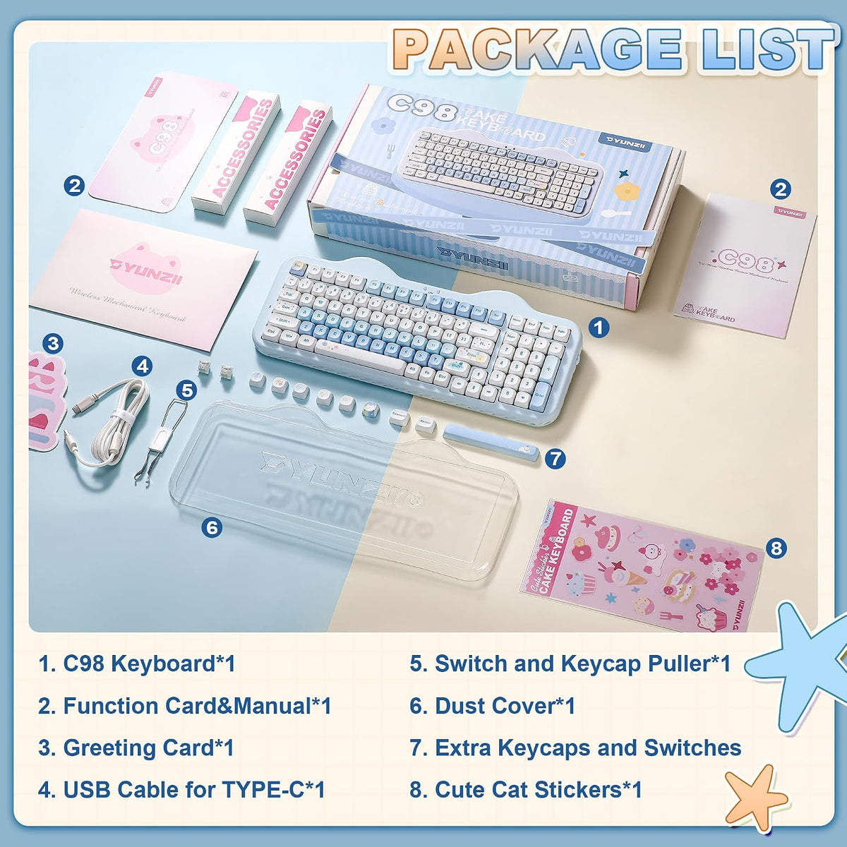 YUNZII C98 Cute Cake Wireless Mechanical Keyboard(Blue, Milk Switch)