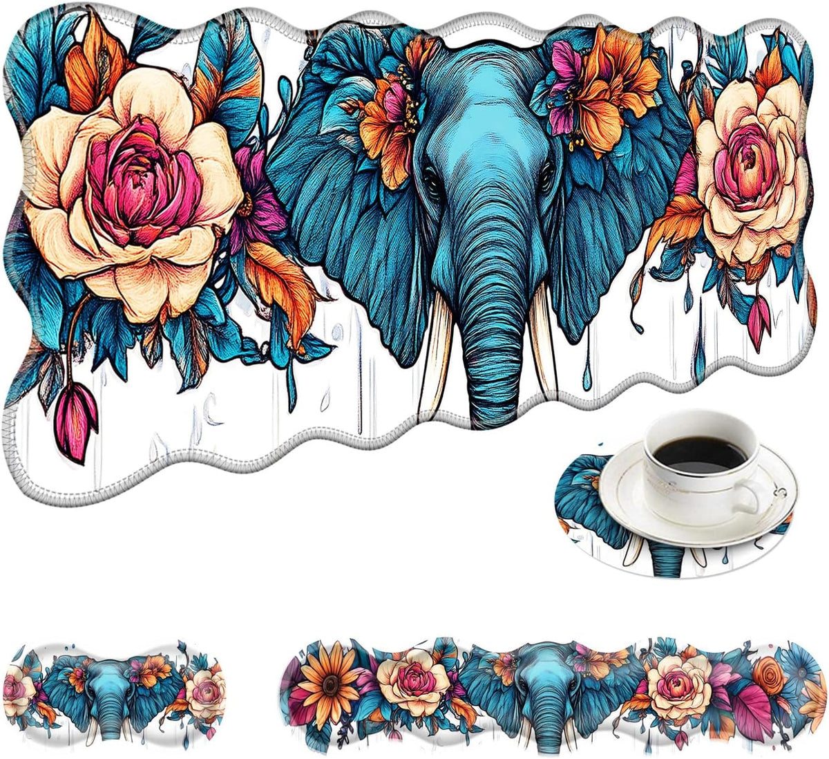 Large Mouse Pad and Keyboard Wrist Rest, Desk Pad for Keyboard and Mouse, 4-in-1 Large Gaming Mouse Pad with Wrist Support, Desk Mat for Home Office Study Game-Floral Elephant