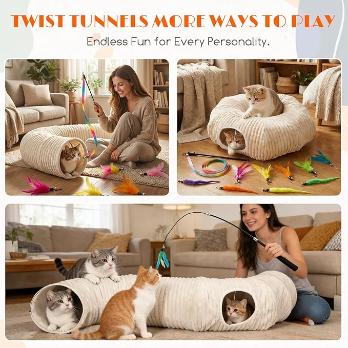 Cat Tunnel for Indoor Cats - Collapsible Foldable Play Tunnel with Cat Toys for Kittens & Rabbits, Fun Interactive Pet Toys for Enrichment & Hiding, Large Durable Crawl Tube for Playtime and Exercise