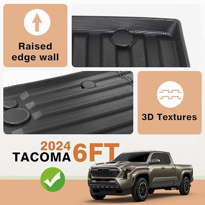 TripleAliners Truck Bed Mat Compatible with 2024 2025 2026 Toyota Tacoma Accessories 6FT Vehicle Perfectly Flush All Weather Protection TPE Heavy Duty Pickup Car Bed Cargo Mat