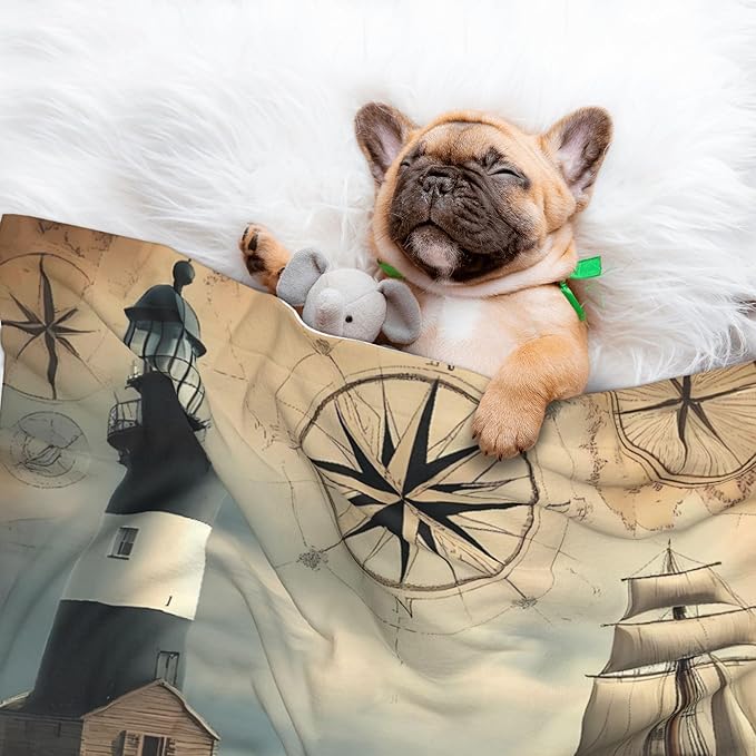 Waterproof Dog Blanket Soft Pet Blanket for Puppy Cat, Fleece Cat Throw Blankets for Furniture Bed Couch Sofa Reversible - Vintage Nautical Lighthouse