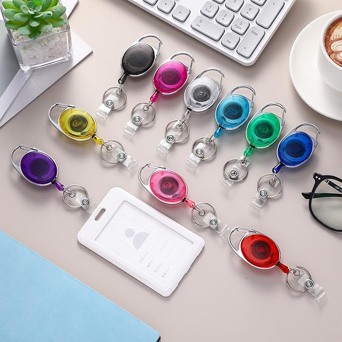 Laumoi 80 Packs Retractable ID Badge Holder Name ID Badge Reel Clips Keychain with Belt Clip and Key Ring for Office Worker Doctor Nurse Employee (Transparent Multicolor)
