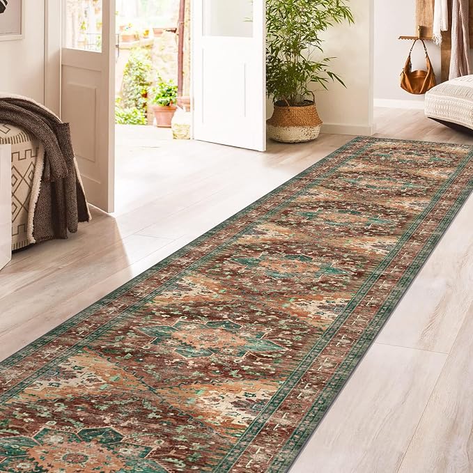 Yamaziot Washable Runner Rug, Stain Resistant & Low Pile Faux Wool Distressed