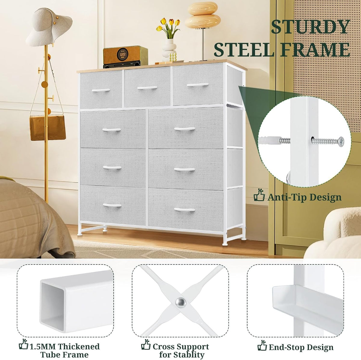 9-Drawer Dresser for Bedroom, Anti-Tip Tall Storage Organizer