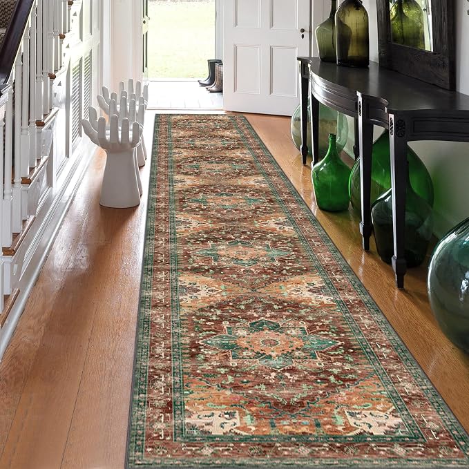 Yamaziot Washable Runner Rug, Stain Resistant & Low Pile Faux Wool Distressed