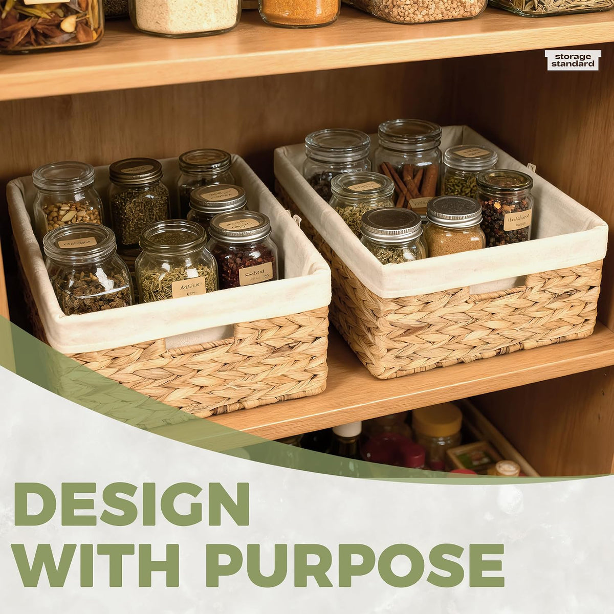 Wicker Shelf Storage Baskets for Organizing - Natural Water Hyacinth Woven Basket Organizers & Storage for Shelves w/Handles & Cotton Liner for Home & Pantry Decor Organization, Large 15” x 12” x 6”