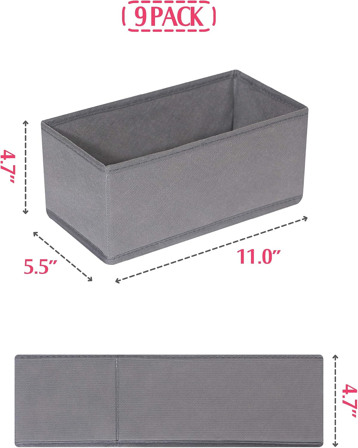 DIOMMELL 9 Pack Foldable Cloth Storage Box Closet Dresser Drawer Organizer Fabric Baskets Bins Containers Divider for Clothes Underwear Bras Socks Lingerie Clothing, M Grey 090