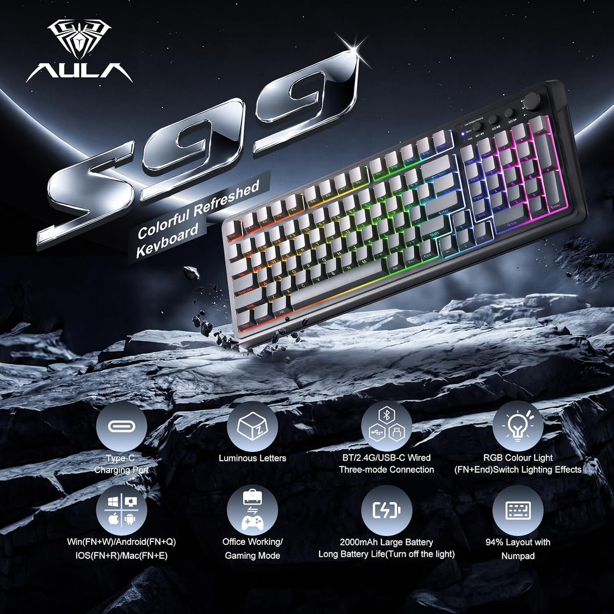 AULA Keyboard Gaming Wireless Creamy Computer Keyboards with Number Pad