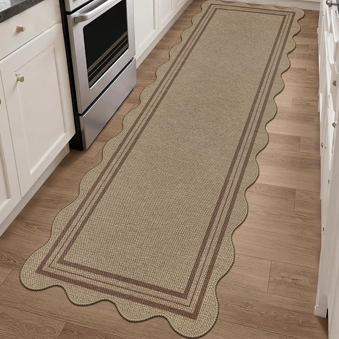 Scalloped Easy Jute 2.6x8 Kitchen Runner Rug, Washable Rugs