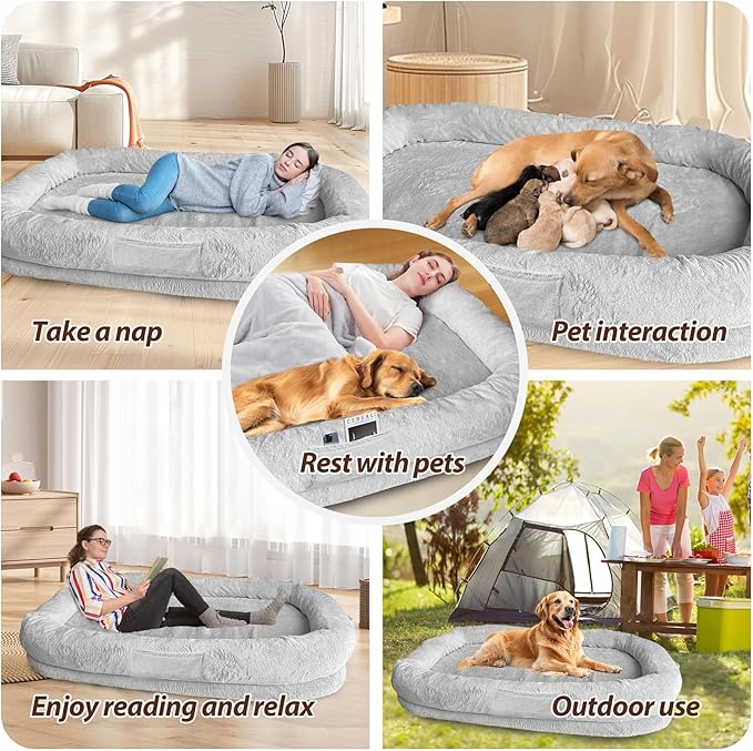 L&W BROS. Human Dog Bed for Adults - XL Orthopedic Dog Bed with Memory Foam and Faux Fur Cover - 71" X47"W X12 H - Ultimate Comfort for You and Your Furry Friend (Light Gray)