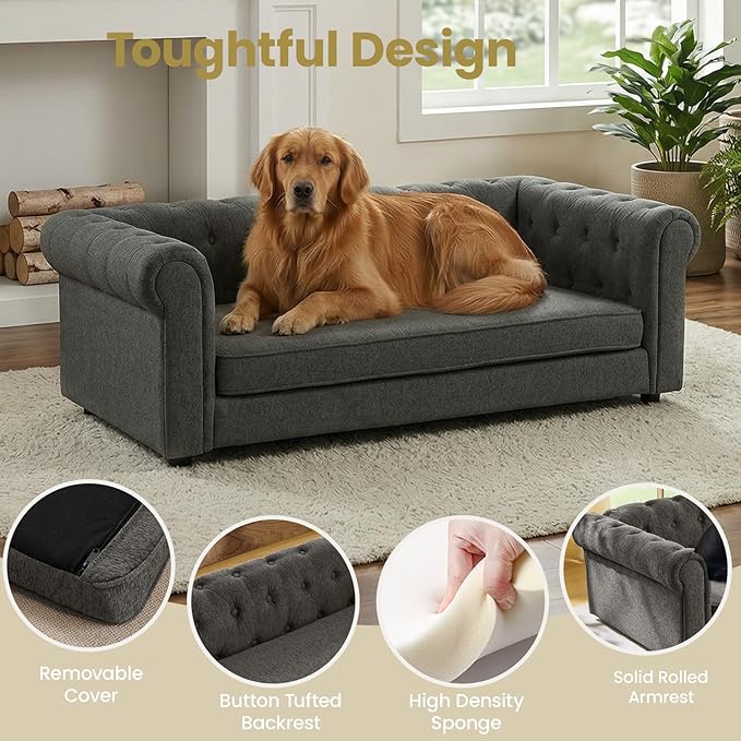 Elevated XL Large Dog Sofa with Backrest and Armrests, 55" Button Tufted Dog Couch Bed with Soft Cushion for Large Dogs, Stylish Lounging Bed Pet Couch Chair, 120Lbs Weight Capacity, Dark Gray