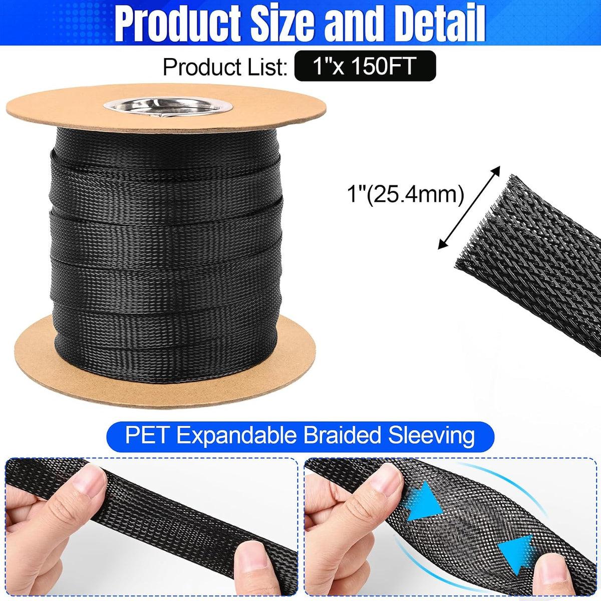 Braided Wire Loom Expandable Cable Sleeve 1”-150ft