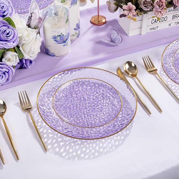 Rubtlamp 100Pcs Plastic Purple Dinner Plates, Heavy Duty 10 Inch Gold