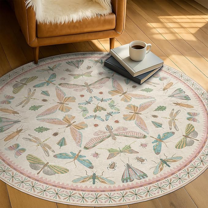 Insect Pink and Blue 5ft Round Area Rug