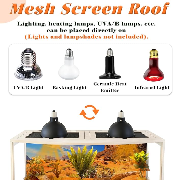 PROLEE Bearded Dragon Tank, Curved Reptile Enclosure with 3-Side Clear Acrylic Panels, Spacious Lizard Tank with Metal Mesh Top and Lockable Door for Reptile Habitat (Oak, 48" Length,80 Gallons)