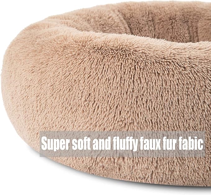 Calming Faux Fur Dog Beds Calming Donut Cuddler Dog Bed Washable Round Cat Bed Pillow Cuddler Fluffy Indoor Dog Calming Beds with Anti Slip Bottom Solid Color Yellow 23 Inch