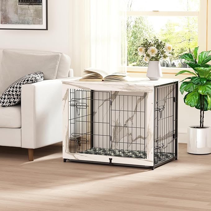Megidok Wooden Dog Crate Furniture with Cushion,Medium Dog Crate End Table with Tray, Double Doors Kennels Indoor (32" L*22" W*26" H, Marble White)
